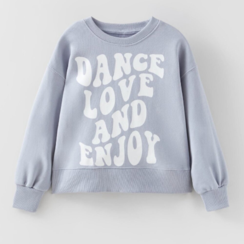 GIRLS ZARA CREW NECK SWEATSHIRT PULLOVER DANCE LOVE ENJOY GRAPHIC BLUE PURPLE 14